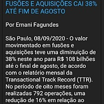 Volume financeiro em Fuses e Aquisies cai 38% at fim de agosto